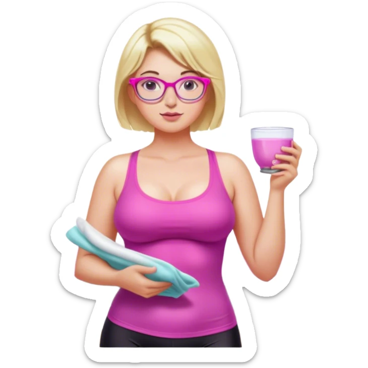 Seductive, Curvy fair and freckled skinned woman, short blond hair, small light purple reading glasses, washing dishes, short flowing sheer hot pink tank top, without undergarments SFW, black yoga pants, thick booty sticker
