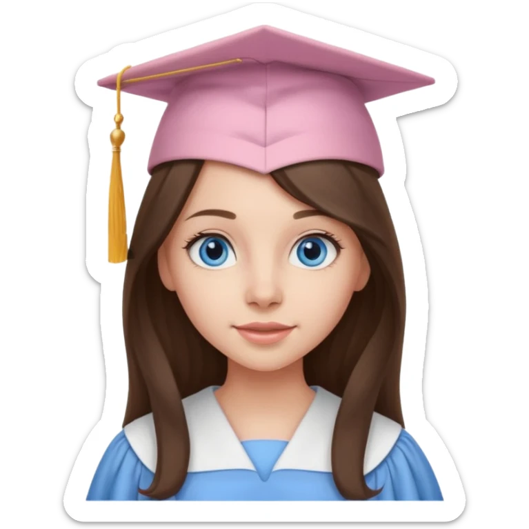 young brunette girl long hair, blue eyes and light pink gown and cap university graduate sticker