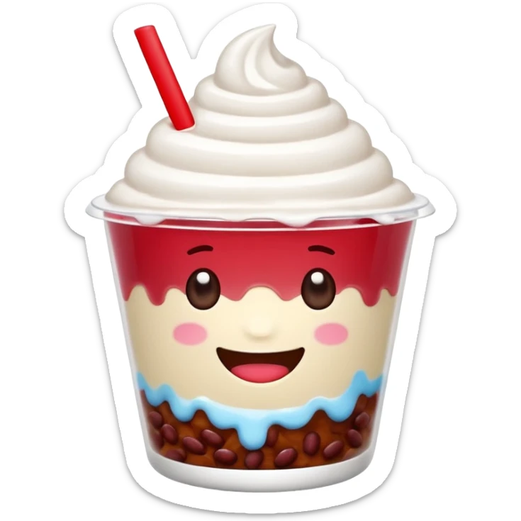 cute shaved ice emoji character in a clear cup, topped with red beans and milk drizzle, round eyes, big smile, minimal, expressive, LINE emoji style sticker