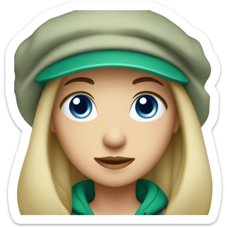 girl with dark hair and blue eyes in a green cap sticker