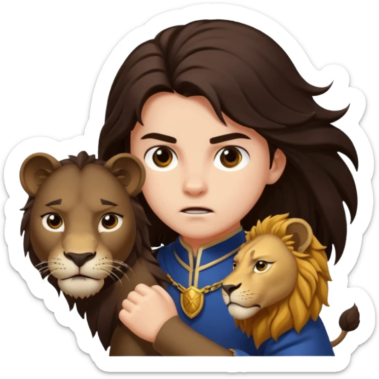 I want a royal child with dark brown long hair, fighting against a lion sticker