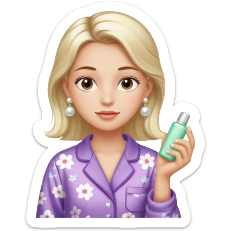 Clean girl aesthetic emoticons, apply skincare products, pearl earrings, glowing skin, pajamas, soft lighting sticker
