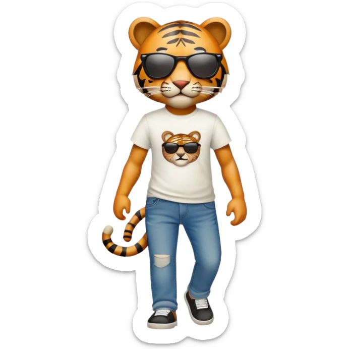 anthropomorphised tiger in a band t-shirt and jeans wearing sunglasses walking upright sticker
