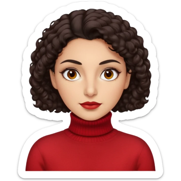 30 yr iranian woman dark brown hair curly wavy short hair, red turtle neck sweater, very thick eyebrows, light skin, dark brown eyes sticker