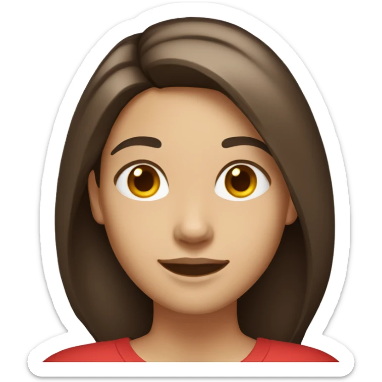 smiling woman with light to medium skin, straight dark brown hair with middle part red shirt  sticker