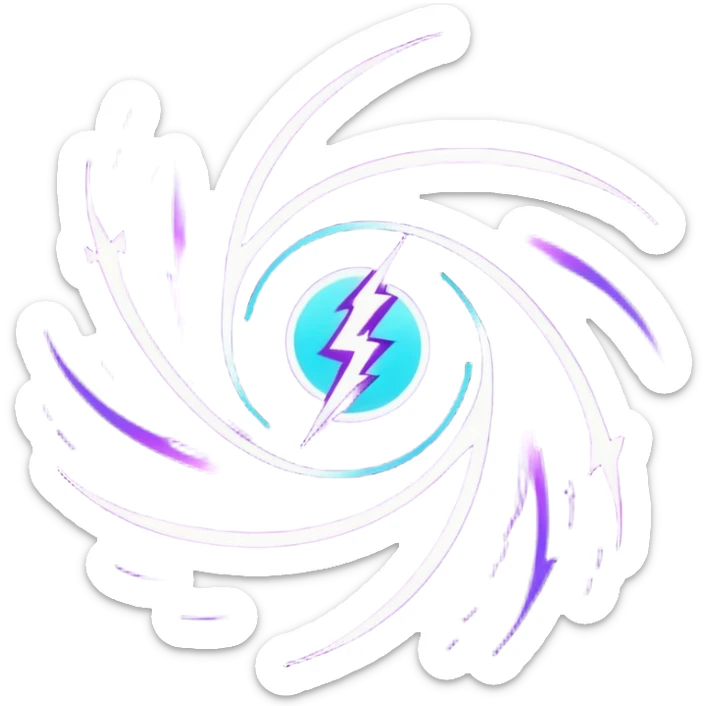 futuristic minimalistic logo icon, abstract glowing storm swirl made of neon purple (#8B5CF6) and cyan (#00E0FF) lines, representing Storm team energy and speed, digital lightning core, dark background, no face, tech-style emblem, 1:1 aspect ratio sticker