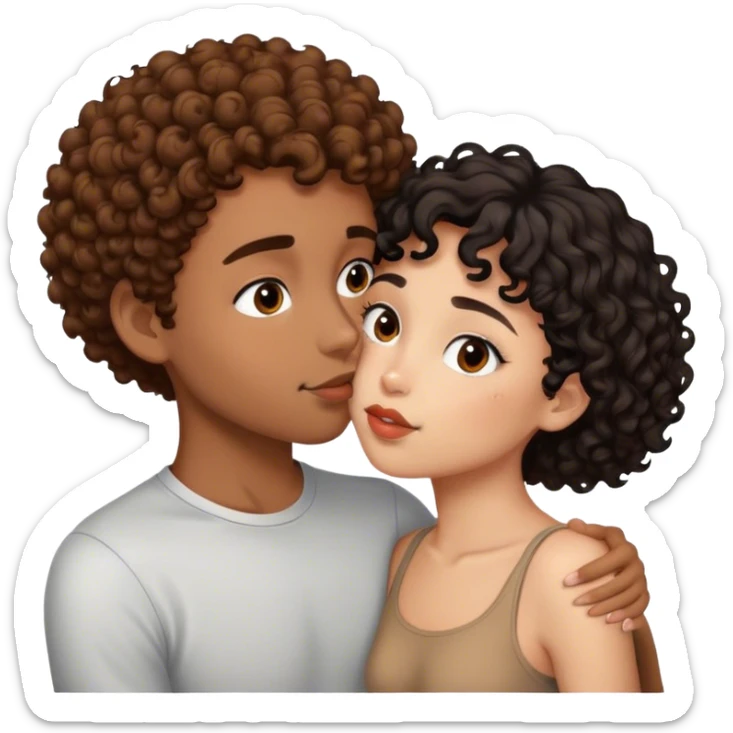 Light skinned girl with brown curly hair kissing brown skinned boy with black short hair  sticker