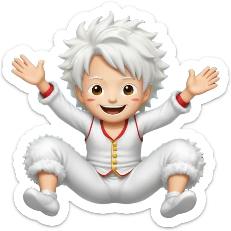 Create a joyful cartoon-style emoji of Luffy as a laughing character with wild, fluffy white hair and a glowing white outfit. The character should have a big open smile, one hand on its face in laughter, and be in a dynamic mid-air pose with bent legs, as if carefree and floating. sticker