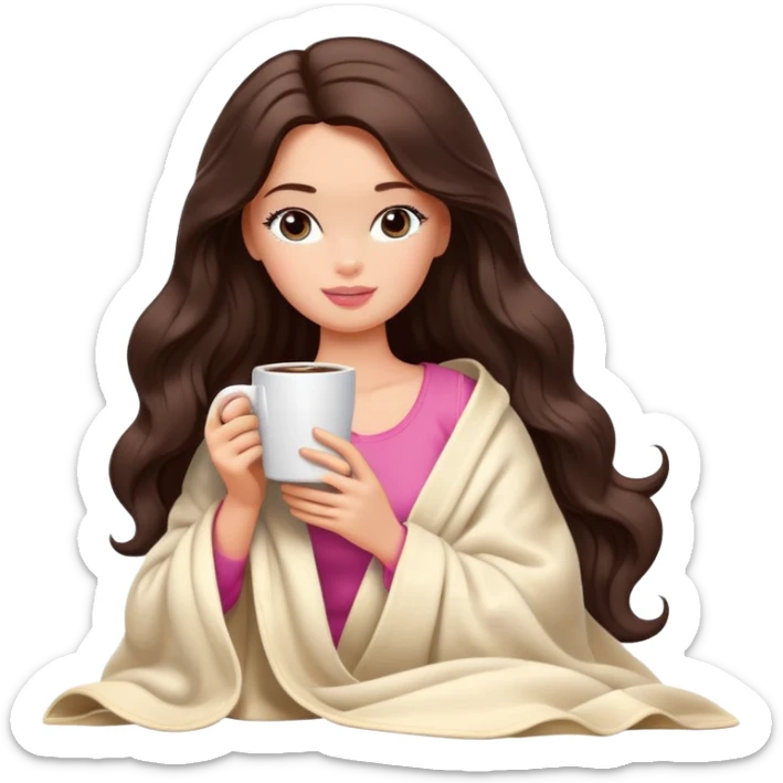 Barbie girl with a long wavy dark brown hair inside a cream blanket sipping coffee eyes closed sticker