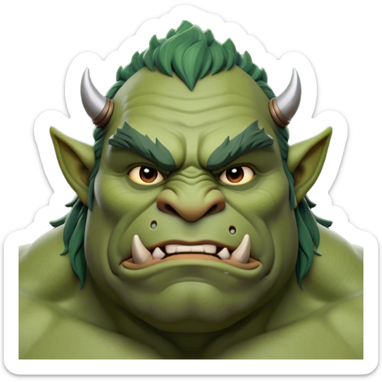 Cinematic Noble Ogre Portrait Emoji, Majestic and imposing, with a rugged, muscular form in deep earthy greens and browns, adorned with battle scars and subtle tribal markings, exuding calm, noble strength and unexpected wisdom, simplified yet strikingly detailed, glowing with a shadowy outline that captures the essence of a gentle giant with fierce heart! sticker