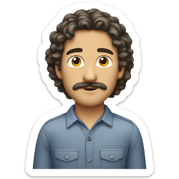 Regular caucasian guy emoji with a black mustache and shoulder length curly hair. sticker