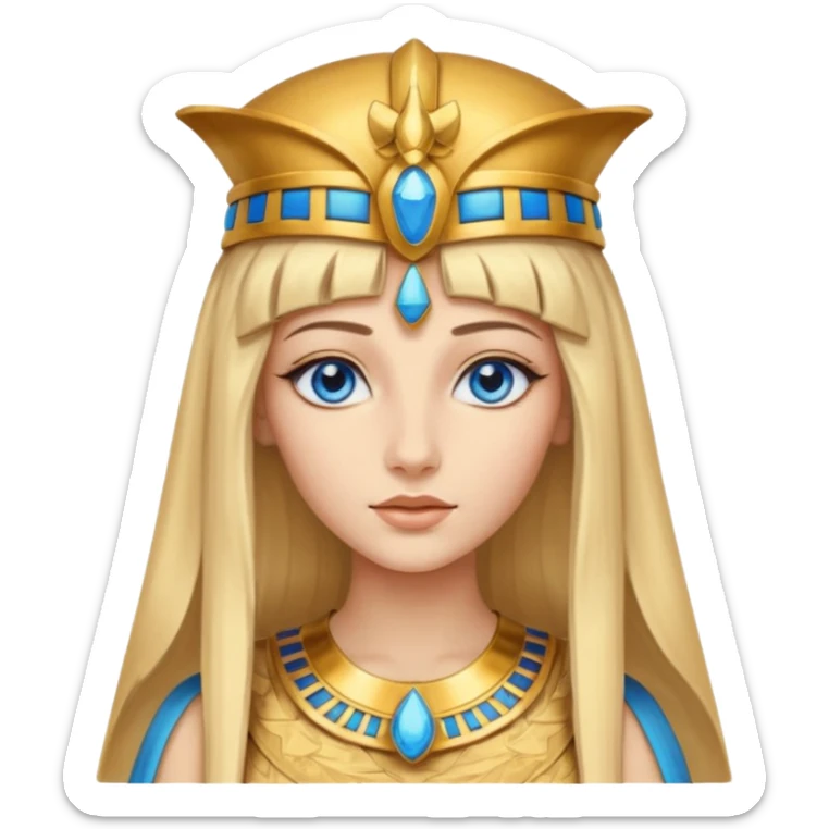 Cleopatra vestita da faraone con il cappello da faraone ma con gli occhi azzurri e i capelli lunghi biondi non troppo chiari con il cappello da faraone dorato senza frangia capelli lunghi  sticker