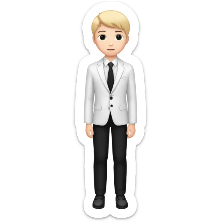 teenage boy in black trousers and white suit shirt with a black and white tie sticker