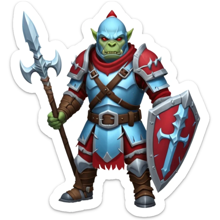 
Fantasy Christmas orc legion soldier icon, iron tundra army theme, heavy winter armor, disciplined brutal look, icy blue steel armor with deep crimson accents, frozen metal texture, cold winter atmosphere, clean readable emoji style
 sticker