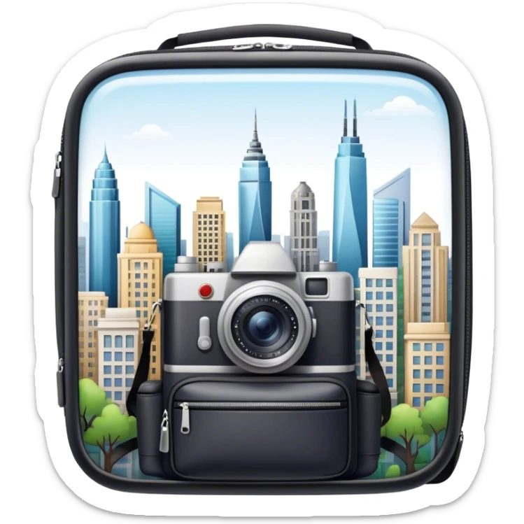 Icon for Urban Tourism: city skyline with iconic buildings, a camera and a backpack. The icon should represent the exploration of urban destinations, with elements like streets, landmarks, and vibrant city life. Transparent background. sticker