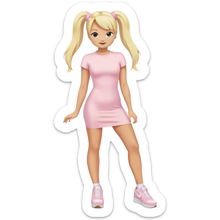 Emma Bunton with long blonde ponytails wearing light pink bodycon dress with white platform sneakers sticker