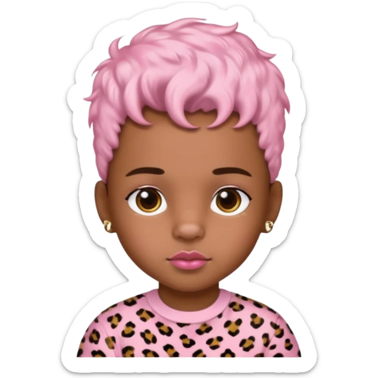 brown-skin boy with baby pink blush and glossy lips and leopard print hair ￼ sticker