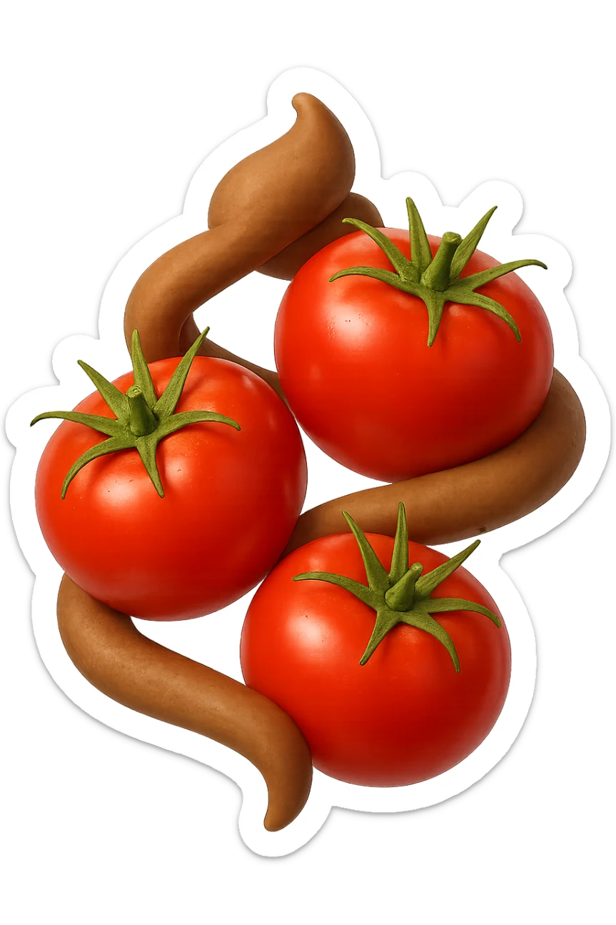 emoji stile iphone di pomodori che fluttuano in aria con colon attorcigliato intorno, iperrealistico 4k, isolato su sfondo bianco sticker