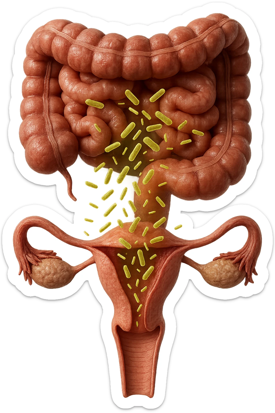 UTERO UMANO E INTESTINO ANATOMICI REALISTICI SONO UNO SOPRA ALL'ALTRO E SI PASSANO I BATTERI A VICENDA, CON BATTERI CHE ESCONO DALL'INTERNO, IPERREALISTICO 4K, NON DISEGNATO sticker