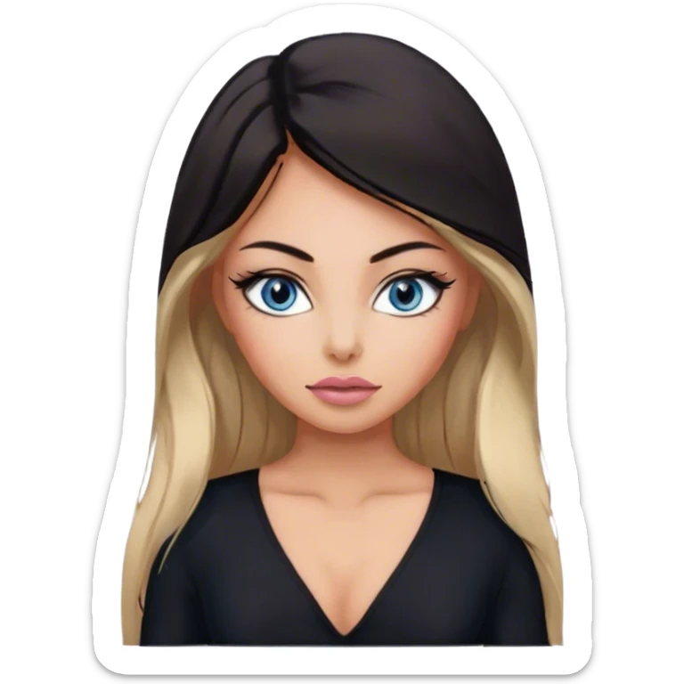 Glamours make-up, tanned, beautiful, girl, with blue eyes, big pump peach-beige-rose lips, eyeliner, long lashes, black straight smooth silky long hair, parting hair in the middle,  in black v-neck bodysuit long sleeves sticker