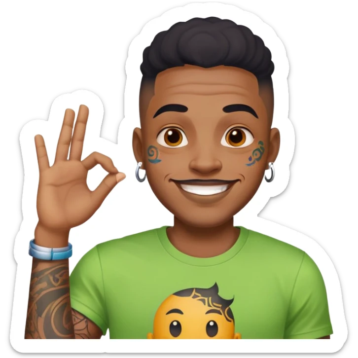 black man with bold face tattoos, happy face, wearing a colorful t-shirt sticker