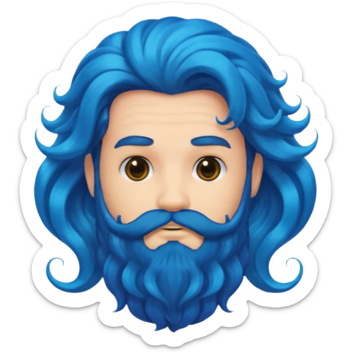 male with voluminous, wavy blue mermaid hair and black beard, emoji style sticker