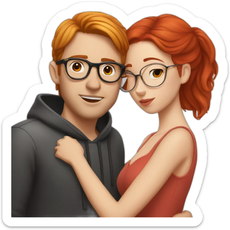 red head girl kissing a white man with black hair and round glasses  sticker
