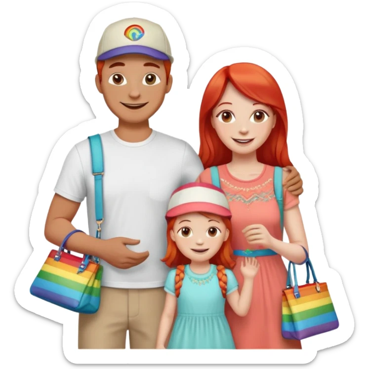A happy family of four - father in white t-shirt and cap, mother with red hair in coral dress, young daughter in matching dress with rainbow handbag, teenage son in light embroidered shirt, all smiling together sticker