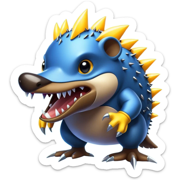 a fantastical dangerous and spooky electric platypus merged with a hedgehog with sharp teeth, metal electric spikes, and strong fangs, electricity and lightning coming, menacing look, yellow and blue lightning bolts sticker