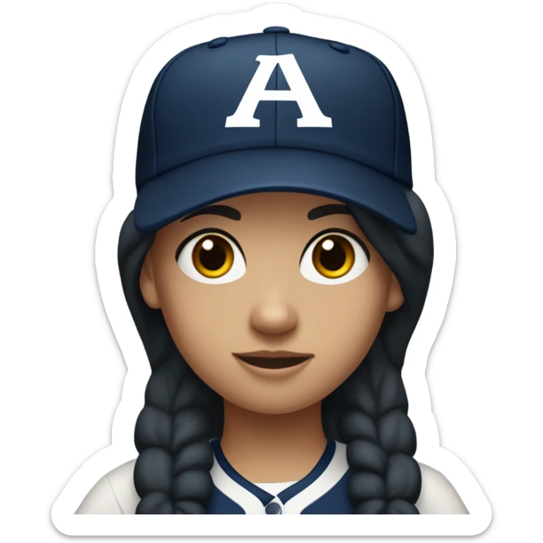 A  white girl with black long hair and wearing navy ballcap emblazoned with a red G initial and wearing baseball uniform sticker