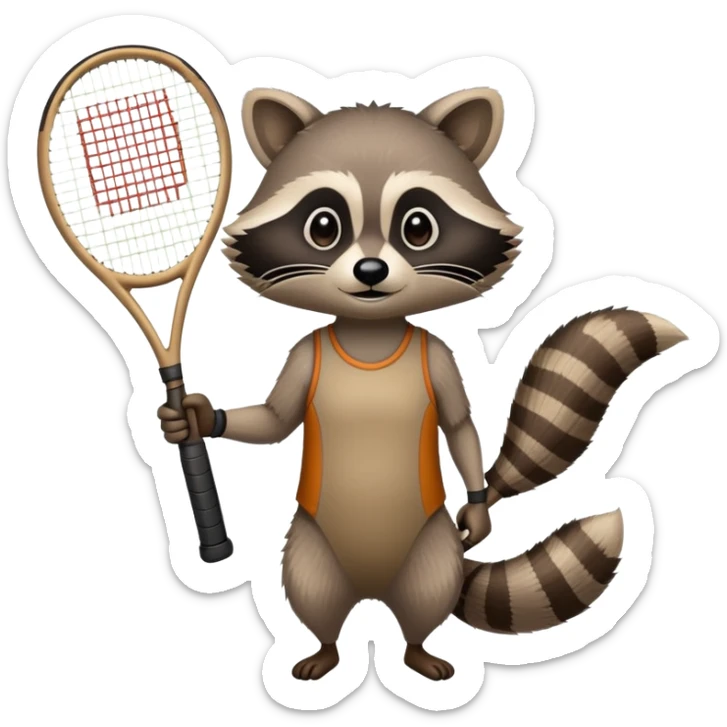 tennis racket with a raccoon hand and forearm gripping the handle, no raccoon body sticker