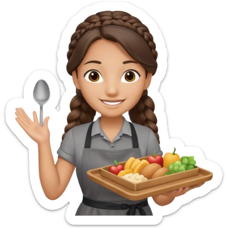 Брюнетка официантка в руках поднос с длинными волосами в косе улыбается ф сером фартуке и черной футболке sticker