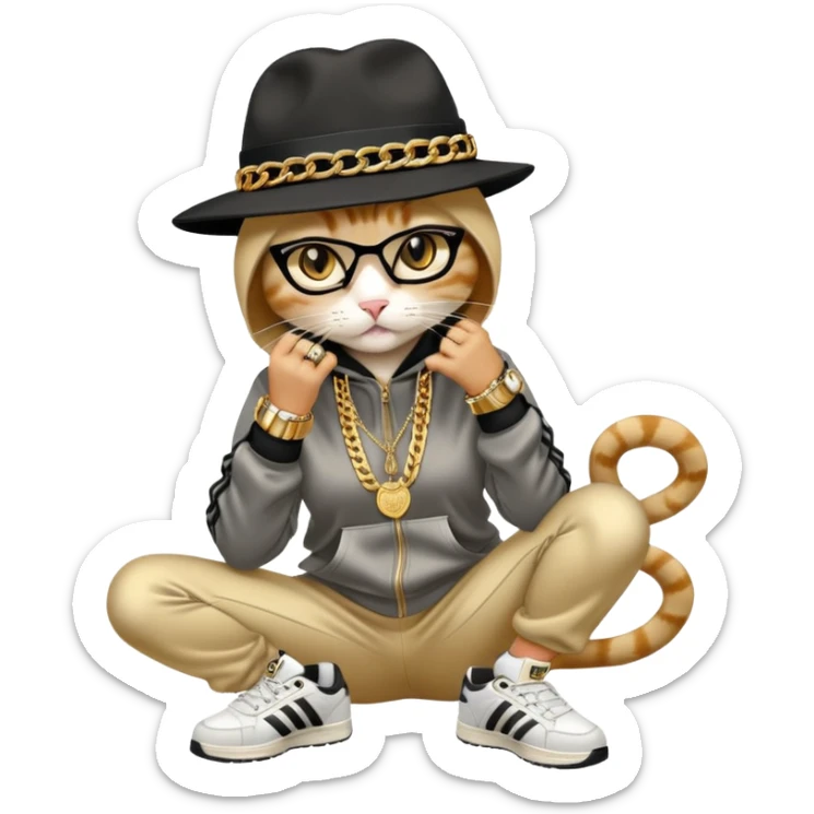 female cat dressed like Run DMC in tracksuit, fedora, Adidas shoes, lots of gold chains, rings, bracelets, earrings, whispering to a friend, no sunglasses sticker
