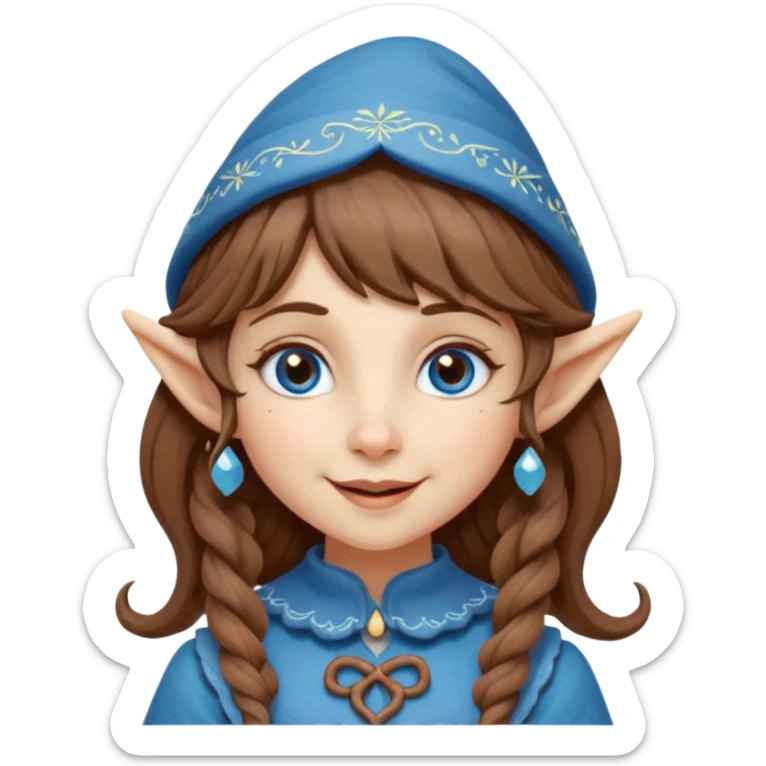 Kind happy whimsical quirky Girl toymaker, wood carving elf. Woodland creator. Blue eyes. brown hair (just below chin length) wavy hair & bangs. Whimsical playful cute sticker