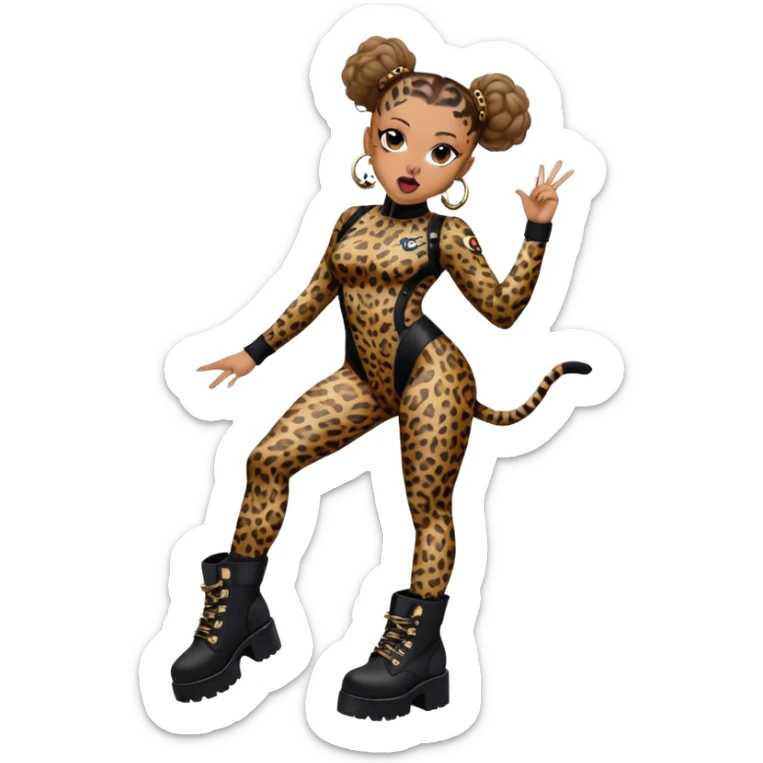 Melanie Brown with her hair in space buns and wearing a tight leopard print bodysuit and black combat boots, she’s showing off her tongue ring sticker
