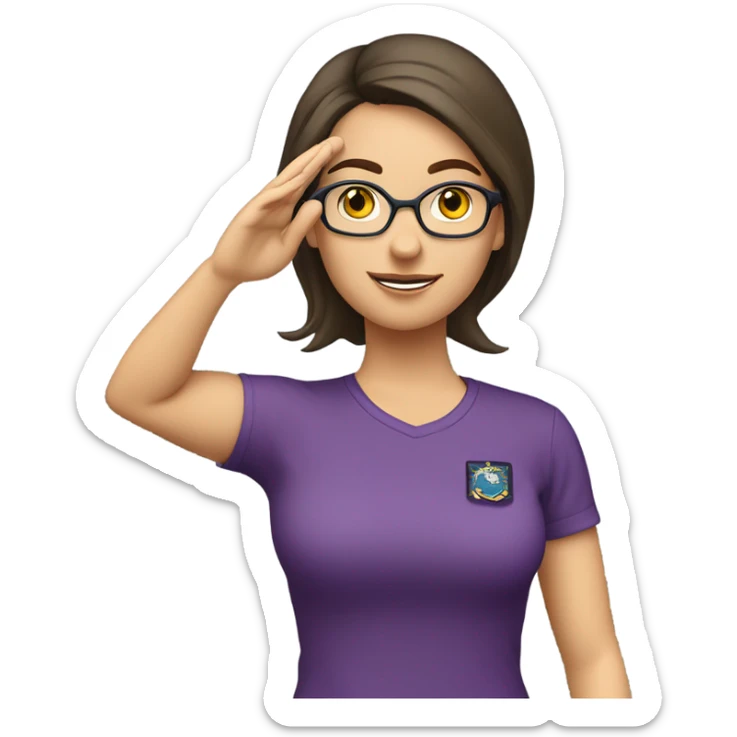 a caucasian brunette female, wearing a purple t-shirt and glasses, making the military salute gesture with her hand next to her head sticker
