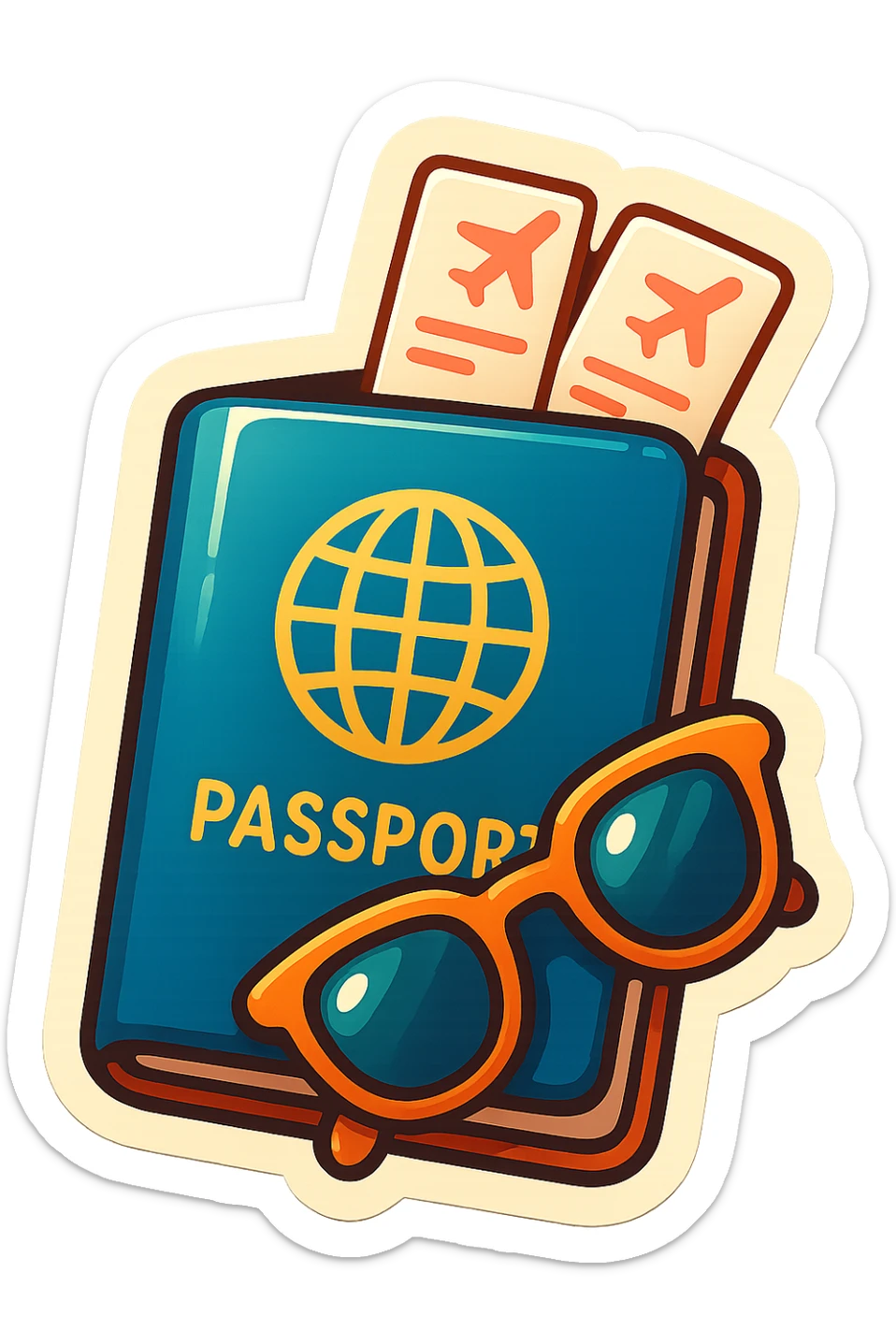 playful retro sticker-style illustration of a passport with two airline tickets sticking out, and a small pair of sunglasses resting on the passport, bold outlines, smooth forms, and glossy expressive highlights sticker