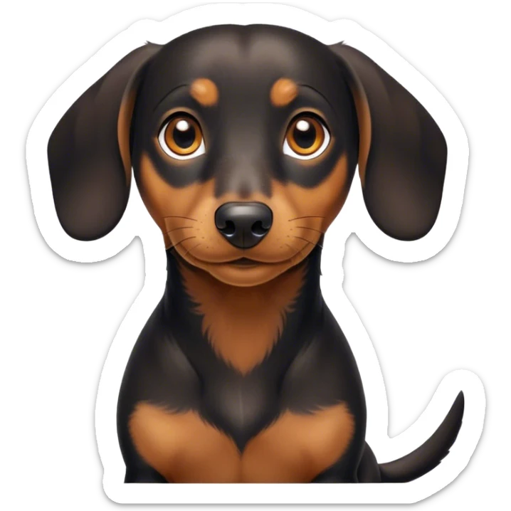 Cinematic Cute black and tan Dachshund Portrait Emoji, Head tilted playfully and inquisitively, featuring a glossy black and tan coat with a sleek sheen, round, sparkling brown eyes filled with curiosity, Simplified yet irresistibly adorable features, highly detailed, glowing with a warm, friendly glow, high shine, affectionate and spirited, stylized with a touch of whimsy, bright and endearing, soft glowing outline, capturing the essence of a mischievous yet loving pup, so playful it feels like it could dash out of the screen and into your arms! sticker