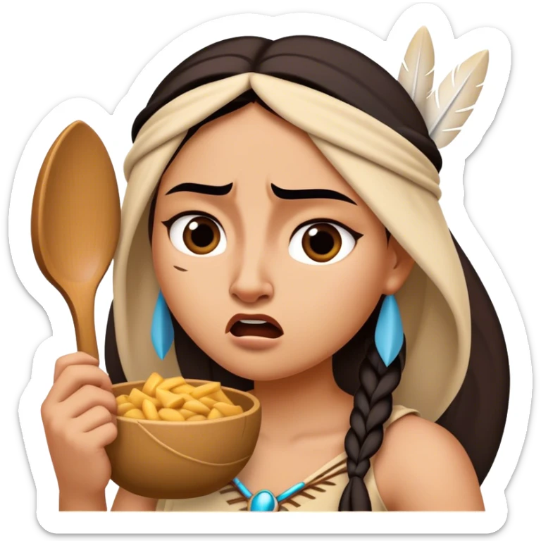 Cinematic Funny Pocahontas Portrait Emoji, Looking bewildered as Meeko steals her food, one brow raised in playful frustration, a warrior princess caught in a hilariously relatable moment, wild yet endearing! sticker
