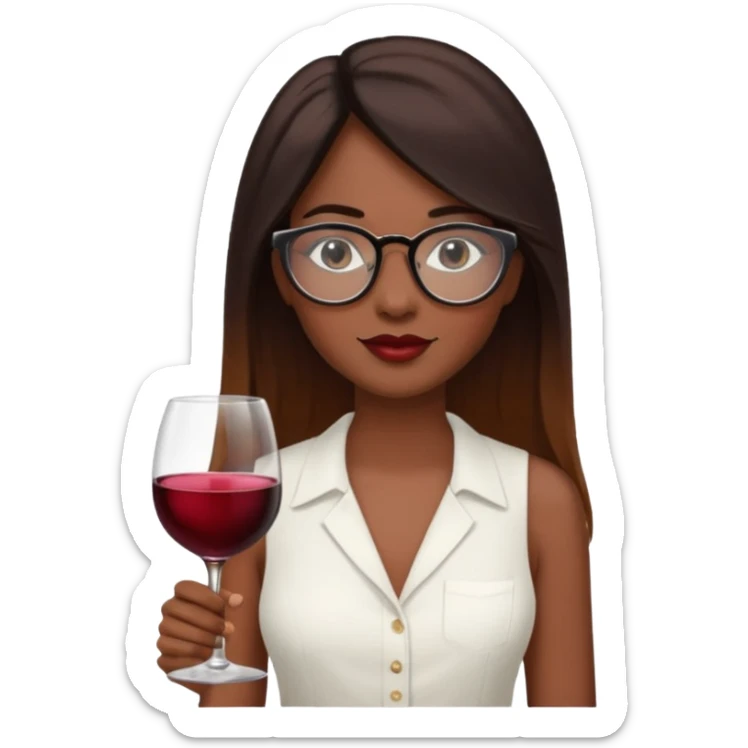a woman with dark skin.
She has long, straight brown hair. with wine ombré hair 
He wears black-framed glasses. vintage oval.
She wears a white sleeveless blouse. sticker