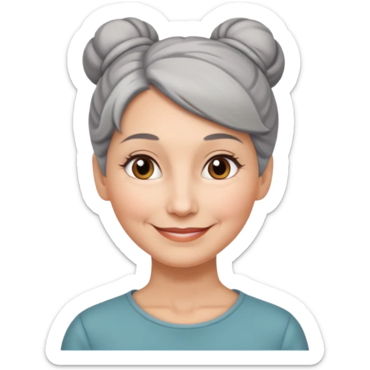 50 y.o. woman grey hair, subtle smile, hair in a bun  sticker