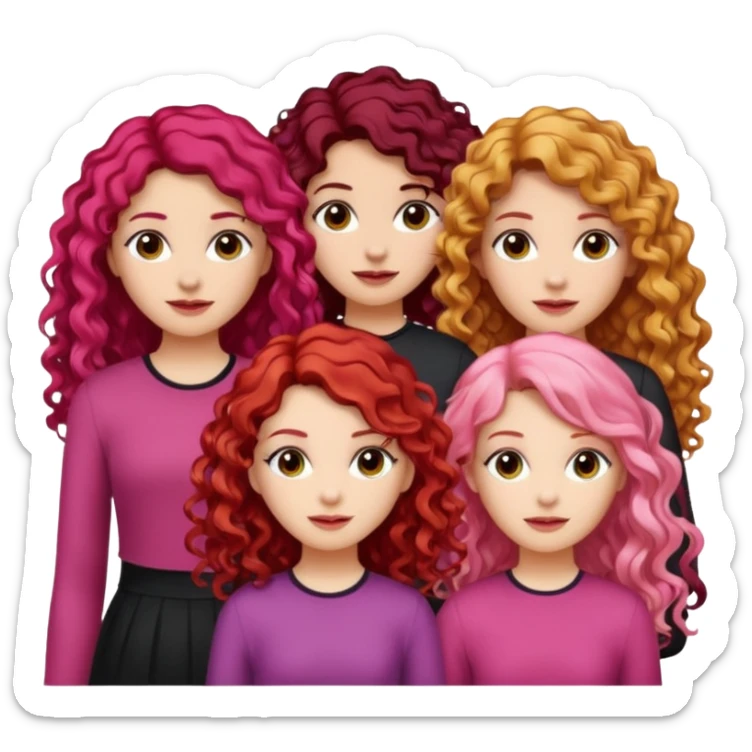 5 girls  curly redhead, one with brunette dyed blonde hair, one long haired wavy brunette, one mid-length haired brunette, and one black haired girl with partially dyed bright red/pink hair sticker