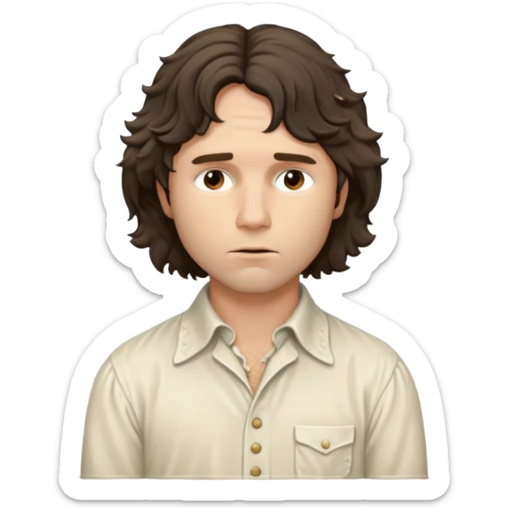 solarpunk realistic ultra HD - a thoughtful, messy, shaggy Jim Morrison in a ivory Victorian shirt in stage action sticker