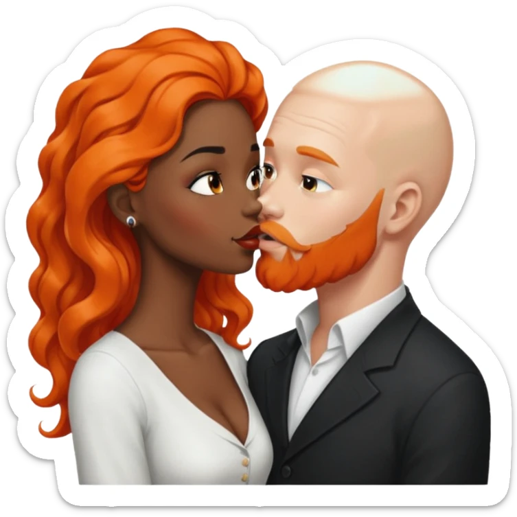 White bald man with orange facial hair and beard. Kissing ebony black women with long black wavy hair  sticker