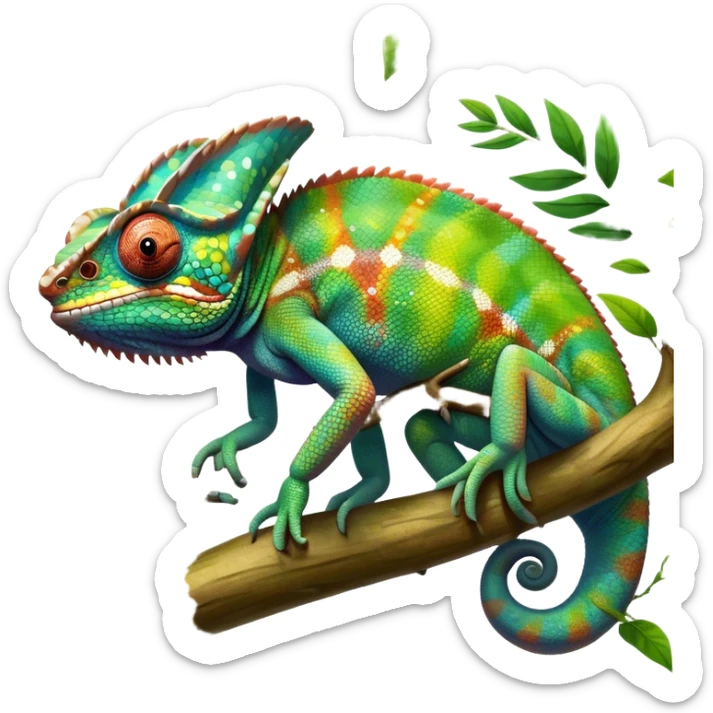 Giant chameleon on a branch, blending with vibrant greenery. Detailed scales in shifting colors, showing the chameleon’s ability to camouflage. Soft natural light highlights its texture. Nature background with leafs aтв адщцукы. Lush jungle background with vivid foliage, transparent background. sticker