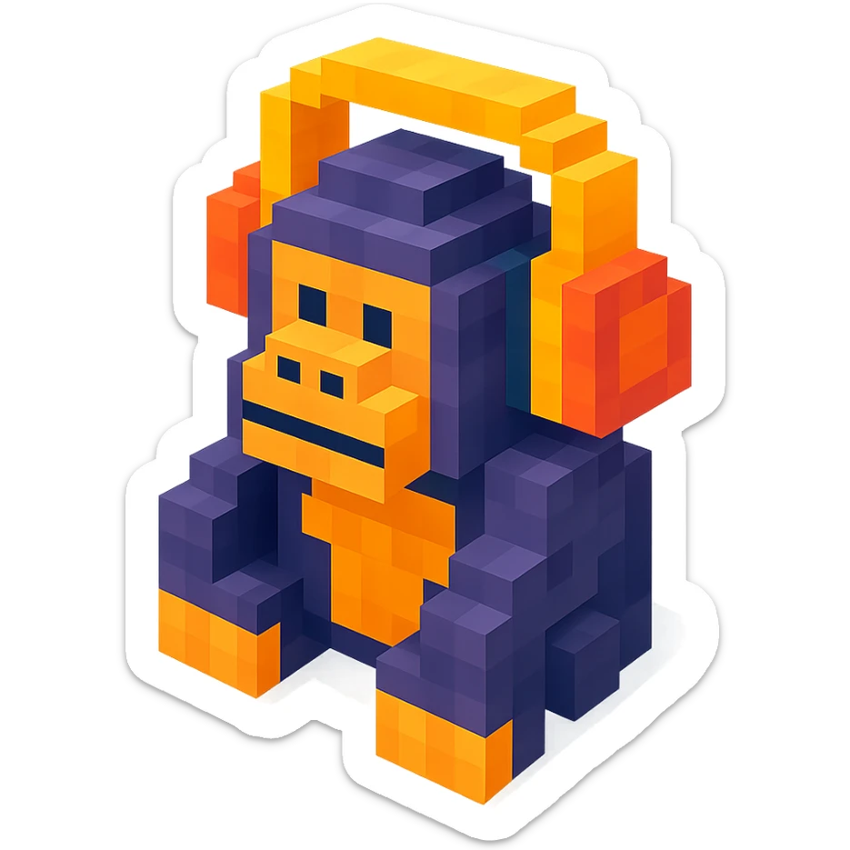 voxel style gorilla wearing large over-ear headphones, isometric view sticker