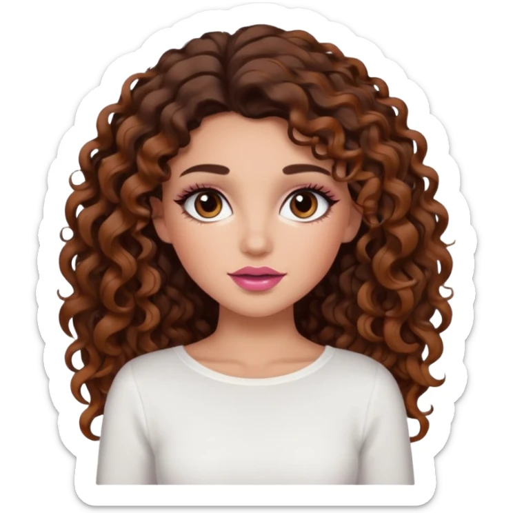 white girl with long voluminous dark brown curly hair with caramel highlights wearing a white top. Blush on the cheeks and big eyelashes and a brown-pink lip combo  sticker
