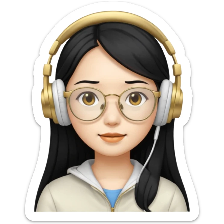 generate an asian female with long black hair, golden rim glasses, and a white headphones sticker