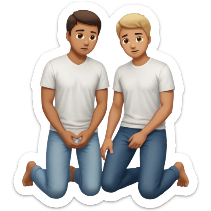 a guy standing up and another guy on both of his knees in front of said guy standing up who is loookg down at him and guy on knees is looking up at him sticker