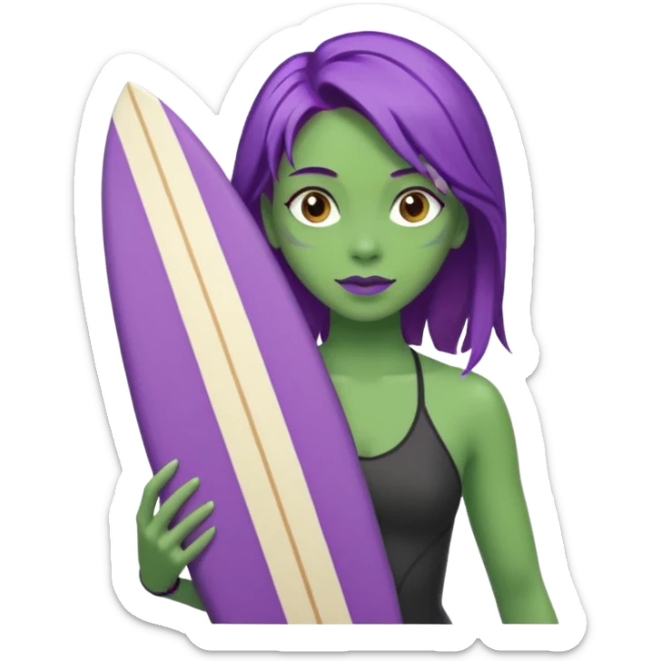 purple hair green skin woman with surfboard sticker